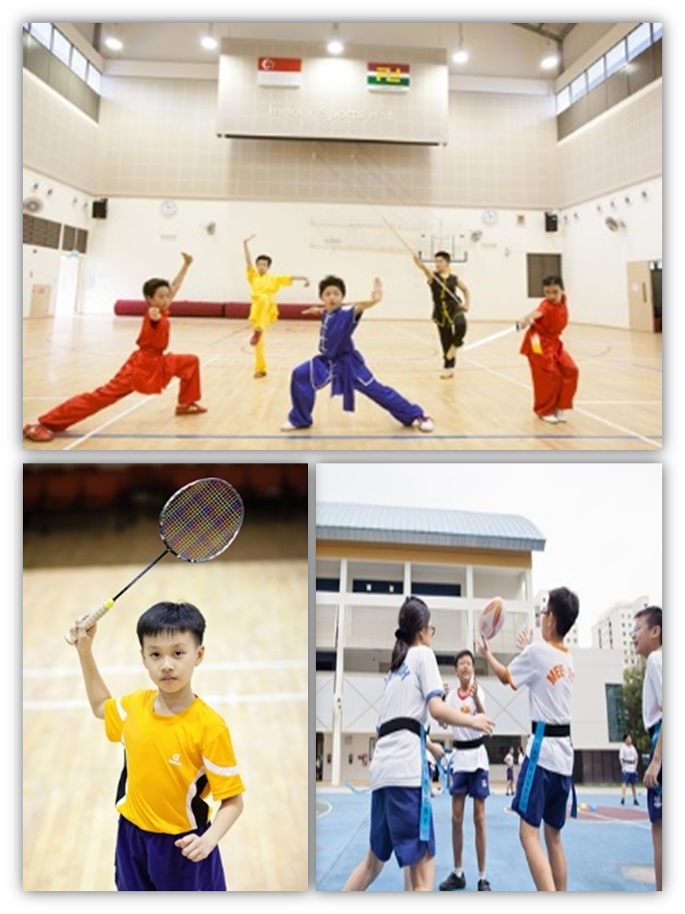 A three-photo collage showing school sports activities: students practicing wushu martial arts in an indoor hall (top), a boy holding a badminton racket on an indoor court (bottom left), and students playing tag rugby outdoors (bottom right).